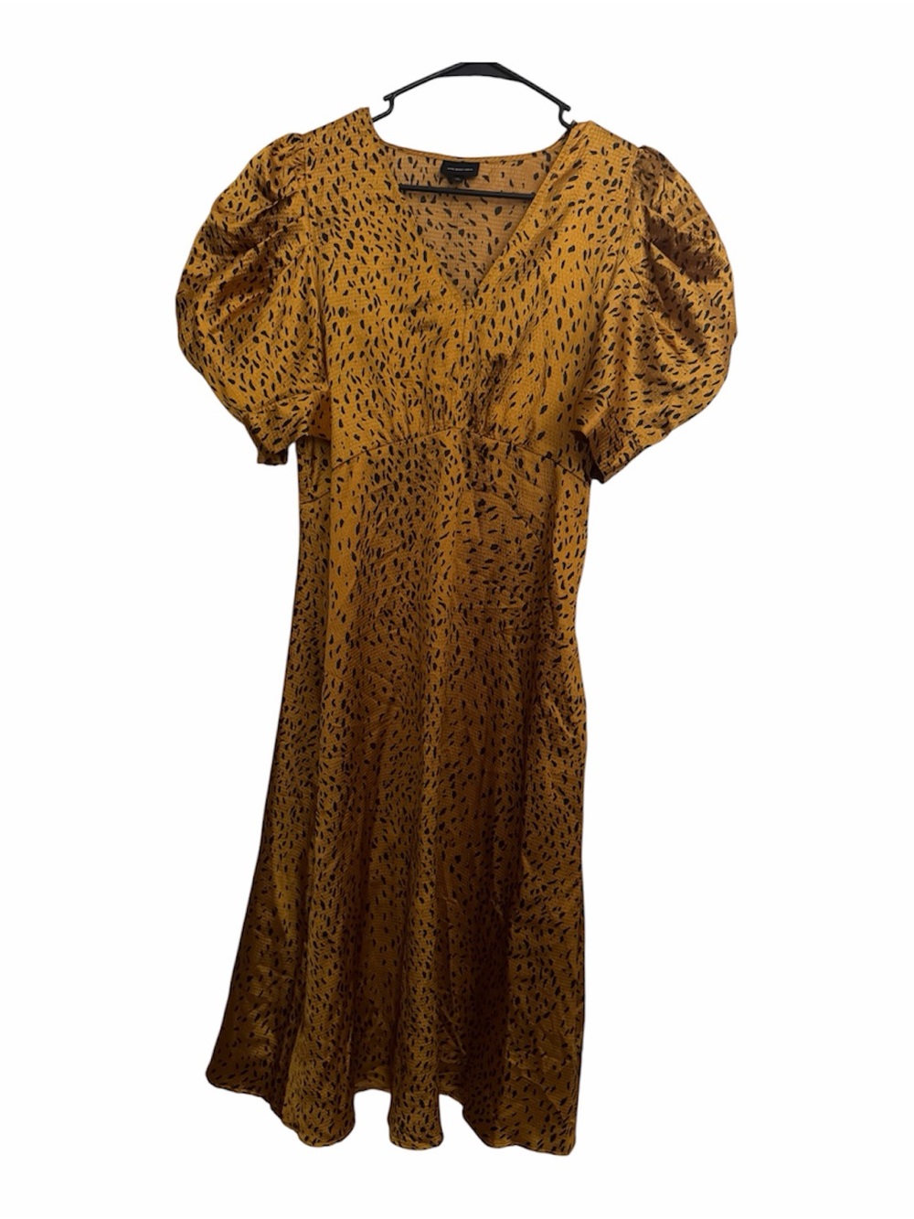 Who What Wear Mustard Yellow Puff-Sleeve Midi Dress with Black Speckle
